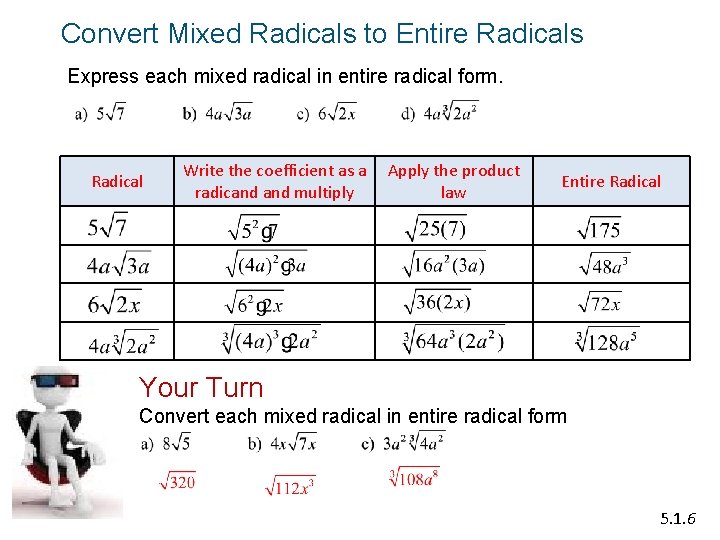 Convert Mixed Radicals to Entire Radicals Express each mixed radical in entire radical form.