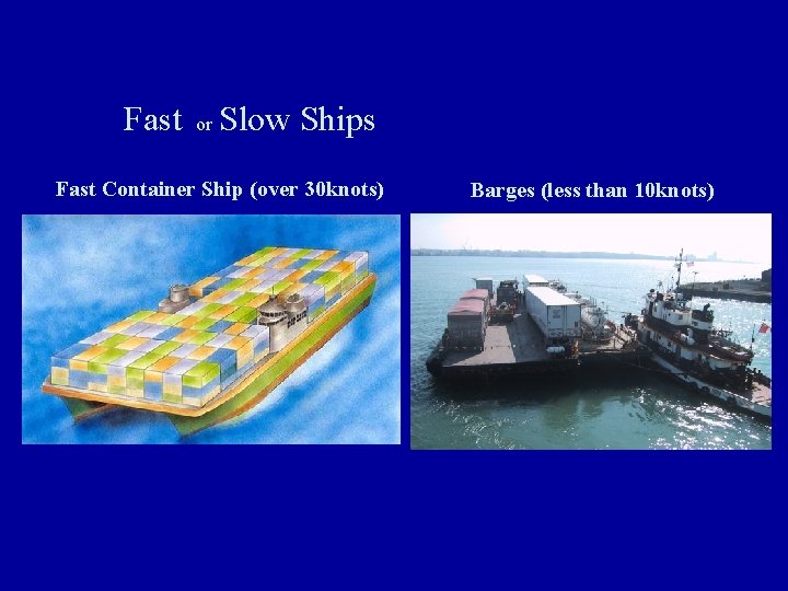 Fast or Slow Ships Fast Container Ship (over 30 knots) Barges (less than 10