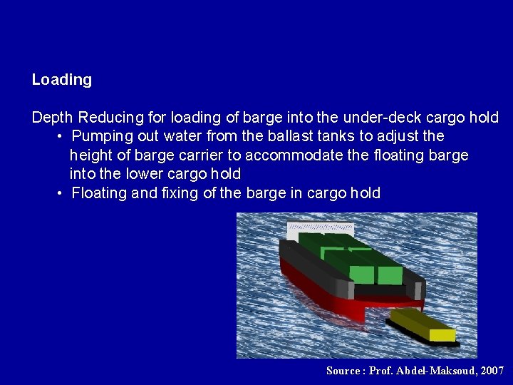 Loading Depth Reducing for loading of barge into the under-deck cargo hold • Pumping