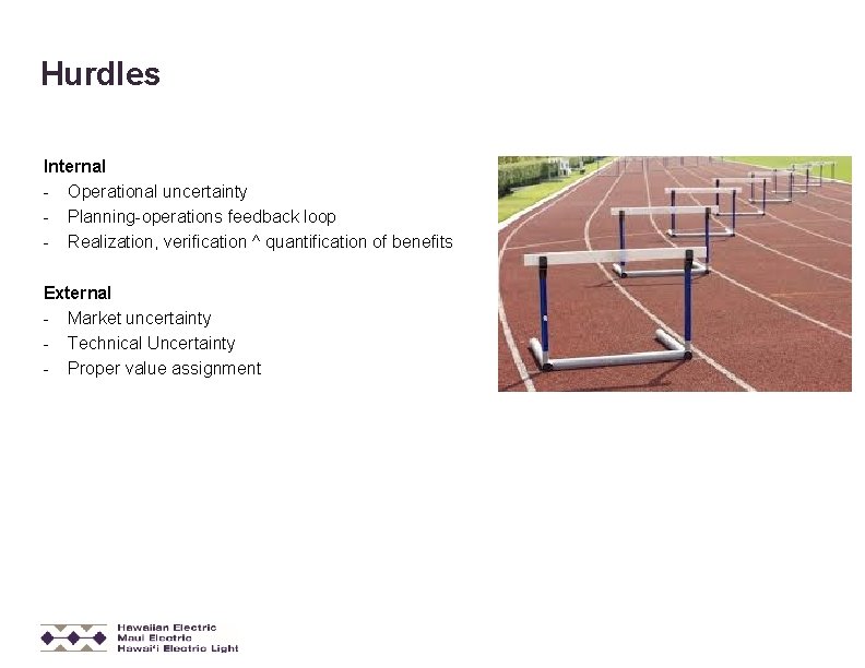 Hurdles Internal - Operational uncertainty - Planning-operations feedback loop - Realization, verification ^ quantification