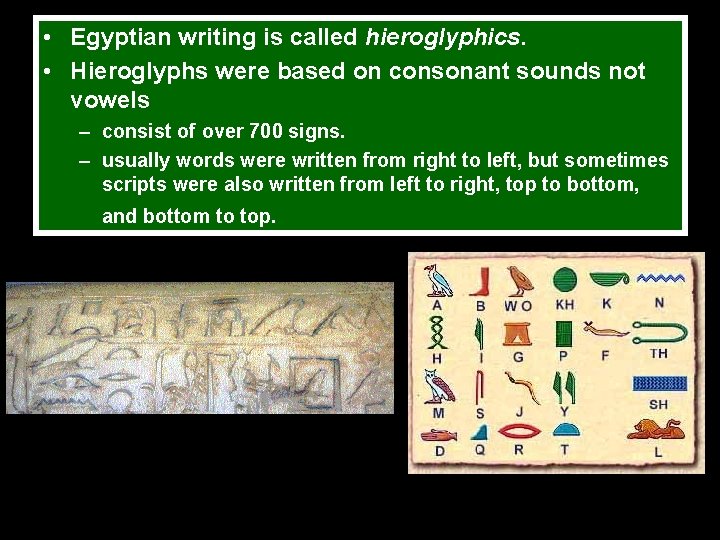  • Egyptian writing is called hieroglyphics. • Hieroglyphs were based on consonant sounds