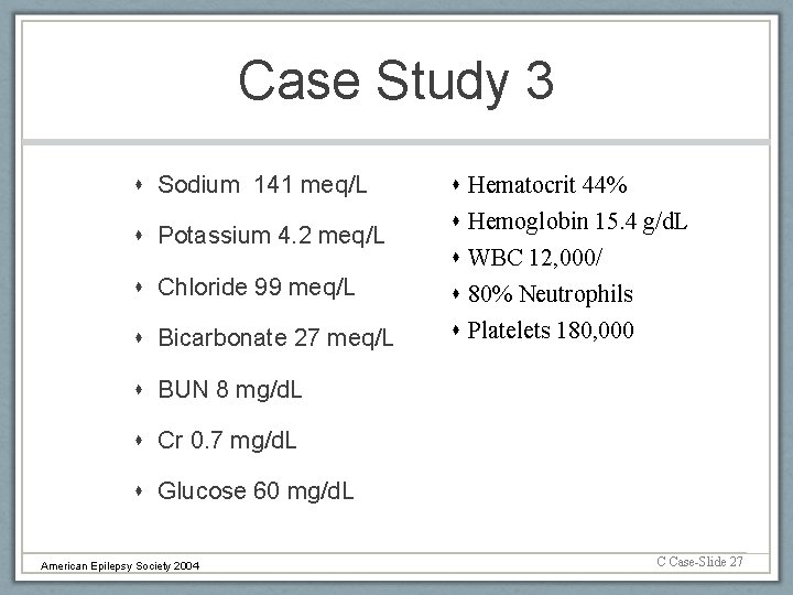 Case Study 3 Sodium 141 meq/L Chloride 99 meq/L Hematocrit 44% Hemoglobin 15. 4