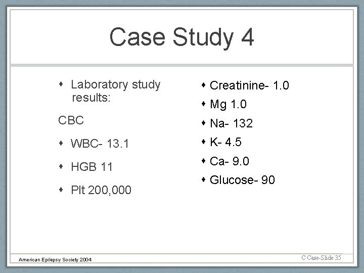 Case Study 4 Laboratory study results: Creatinine- 1. 0 CBC Na- 132 WBC- 13.