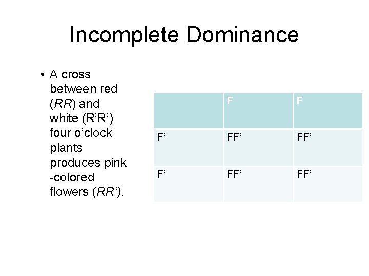 Incomplete Dominance • A cross between red (RR) and white (R’R’) four o’clock plants