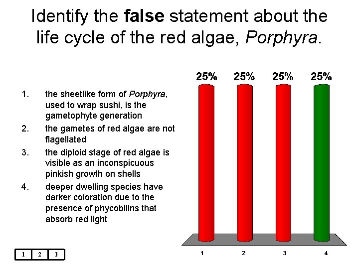 Identify the false statement about the life cycle of the red algae, Porphyra. 1.