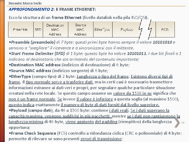 Docente: Marco Sechi APPROFONDIMENTO 2: Il FRAME ETHERNET: Ecco la struttura di un frame