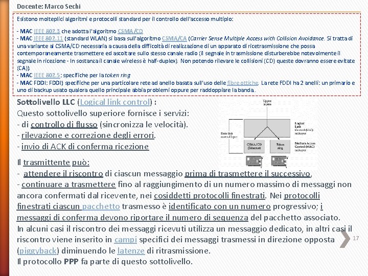 Docente: Marco Sechi Esistono molteplici algoritmi e protocolli standard per il controllo dell'accesso multiplo: