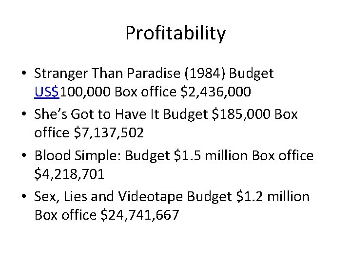 Profitability • Stranger Than Paradise (1984) Budget US$100, 000 Box office $2, 436, 000