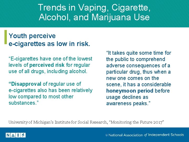 Trends in Vaping, Cigarette, Alcohol, and Marijuana Use Youth perceive e-cigarettes as low in