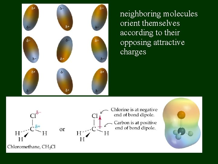 neighboring molecules orient themselves according to their opposing attractive charges 