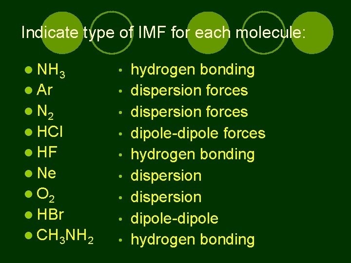 Indicate type of IMF for each molecule: NH 3 • Ar • N 2