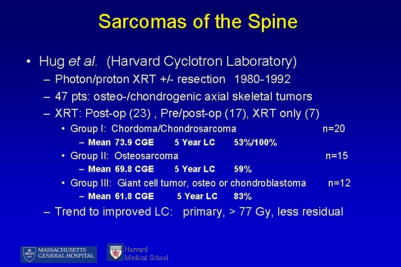 Sarcomas of the Spine • Hug et al. (Harvard Cyclotron Laboratory) – Photon/proton XRT