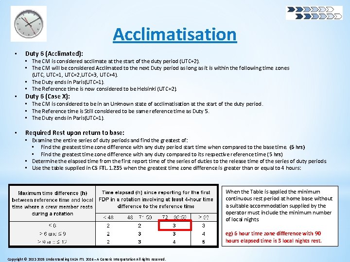 Acclimatisation • • Duty 6 (Acclimated): • The CM is considered acclimate at the