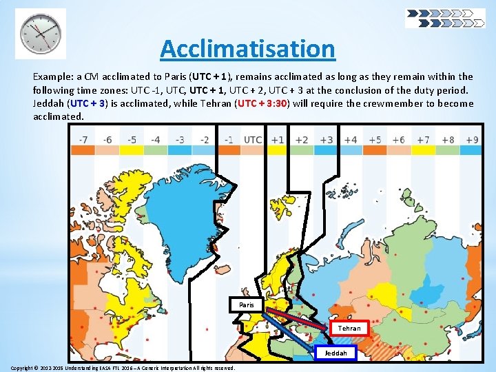 Acclimatisation Example: a CM acclimated to Paris (UTC + 1), remains acclimated as long