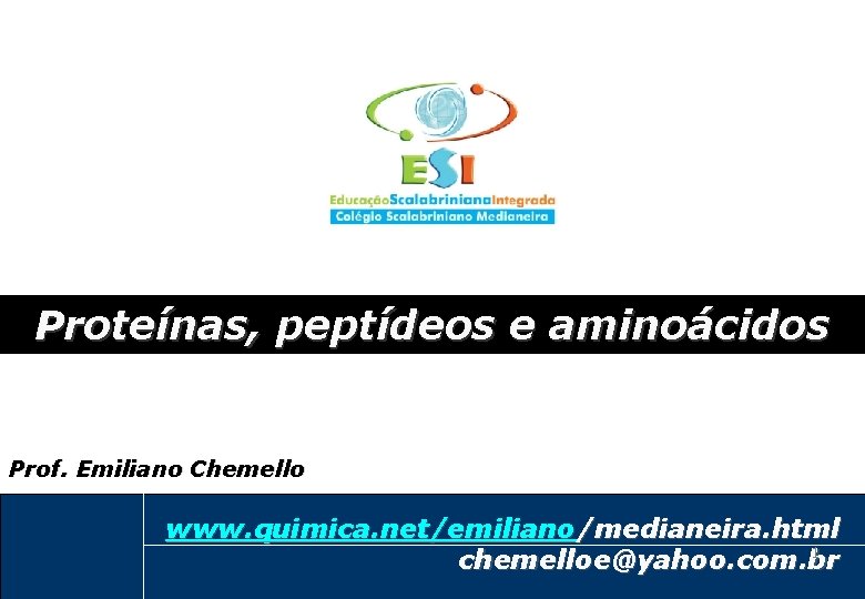 Proteínas, peptídeos e aminoácidos Prof. Emiliano Chemello emiliano@quimica. net www. quimica. net/emiliano /medianeira. html Proteínas, peptídeos e aminoácidos Prof. Emiliano Chemello emiliano@quimica. net www. quimica. net/emiliano /medianeira. html