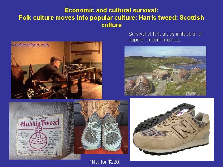 Economic and cultural survival: Folk culture moves into popular culture: Harris tweed: Scottish culture