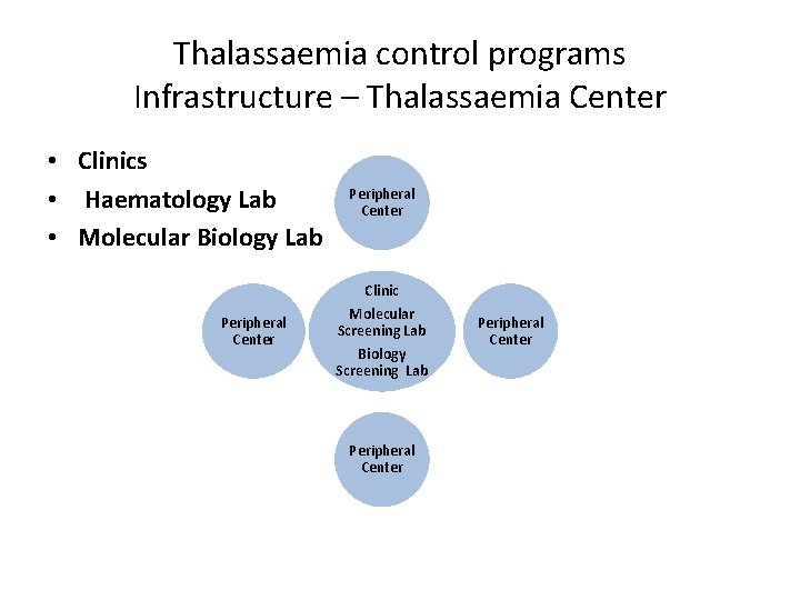 Thalassaemia control programs Infrastructure – Thalassaemia Center • Clinics • Haematology Lab • Molecular