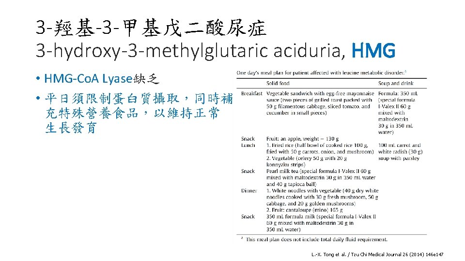 3 -羥基-3 -甲基戊二酸尿症 3 -hydroxy-3 -methylglutaric aciduria, HMG • HMG-Co. A Lyase缺乏 • 平日須限制蛋白質攝取，同時補