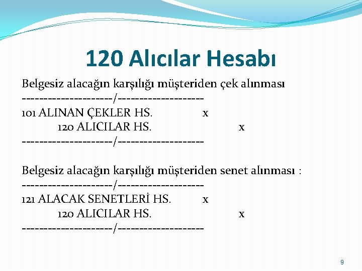 120 Alıcılar Hesabı Belgesiz alacağın karşılığı müşteriden çek alınması -----------/---------- 101 ALINAN ÇEKLER HS.