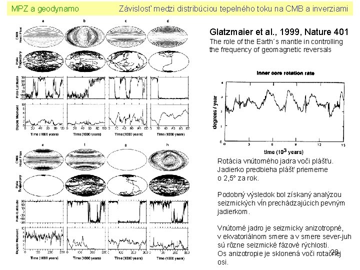 MPZ a geodynamo Závislosť medzi distribúciou tepelného toku na CMB a inverziami Glatzmaier et