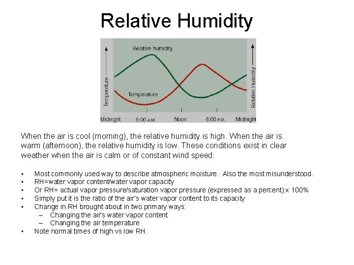 Relative Humidity When the air is cool (morning), the relative humidity is high. When