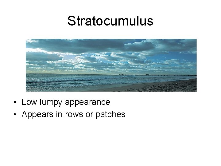 Stratocumulus • Low lumpy appearance • Appears in rows or patches 