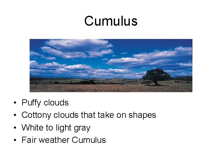 Cumulus • • Puffy clouds Cottony clouds that take on shapes White to light