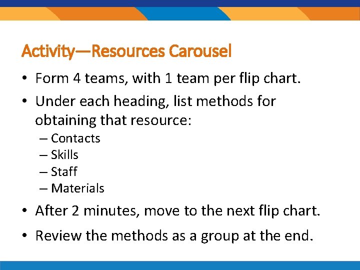 Activity—Resources Carousel • Form 4 teams, with 1 team per flip chart. • Under