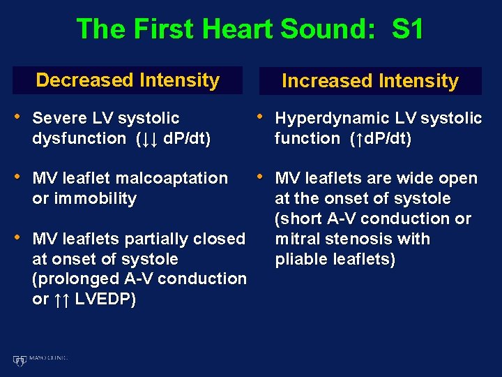 The First Heart Sound: S 1 Decreased Intensity Increased Intensity • Severe LV systolic