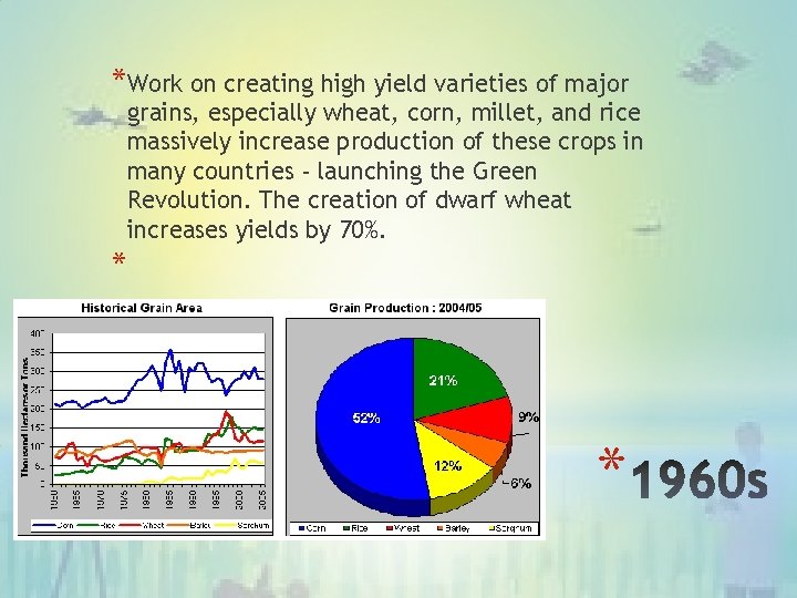 *Work on creating high yield varieties of major grains, especially wheat, corn, millet, and