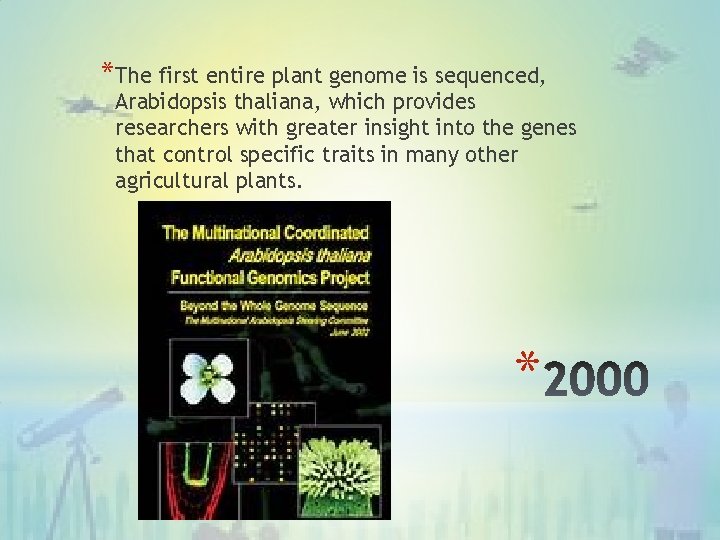 *The first entire plant genome is sequenced, Arabidopsis thaliana, which provides researchers with greater