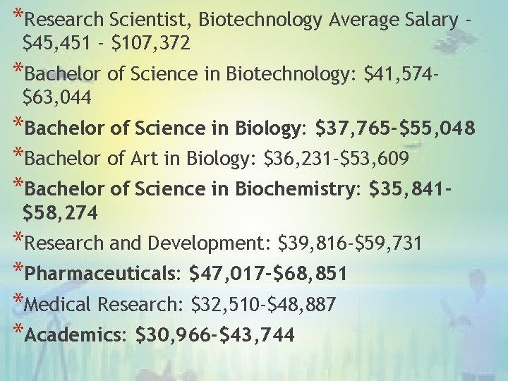 *Research Scientist, Biotechnology Average Salary $45, 451 - $107, 372 *Bachelor of Science in