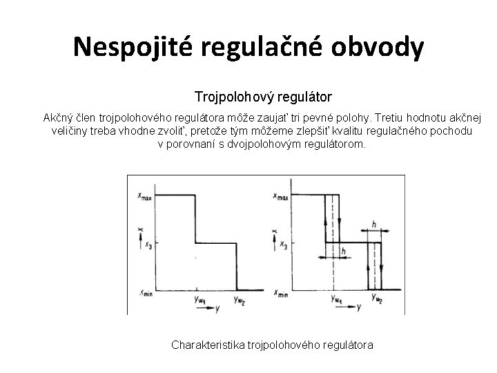 Nespojité regulačné obvody Trojpolohový regulátor Akčný člen trojpolohového regulátora môže zaujať tri pevné polohy.