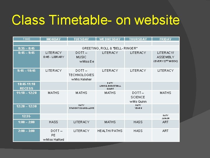 Class Timetable- on website TIME 8: 35 – 8: 45 – 9: 45 MONDAY