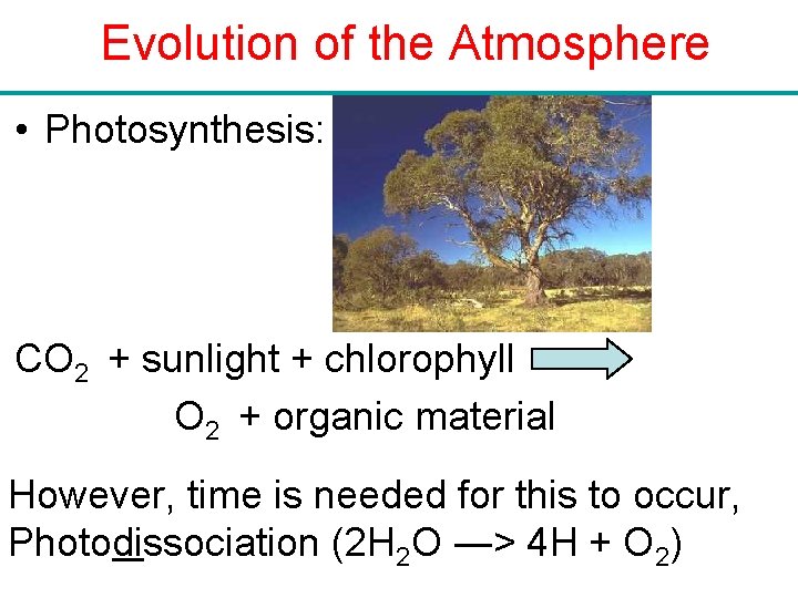Evolution of the Atmosphere • Photosynthesis: CO 2 + sunlight + chlorophyll O 2
