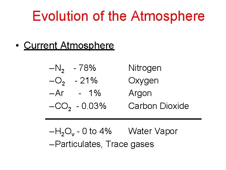 Evolution of the Atmosphere • Current Atmosphere – N 2 - 78% – O