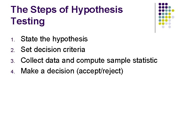 The Steps of Hypothesis Testing 1. 2. 3. 4. State the hypothesis Set decision