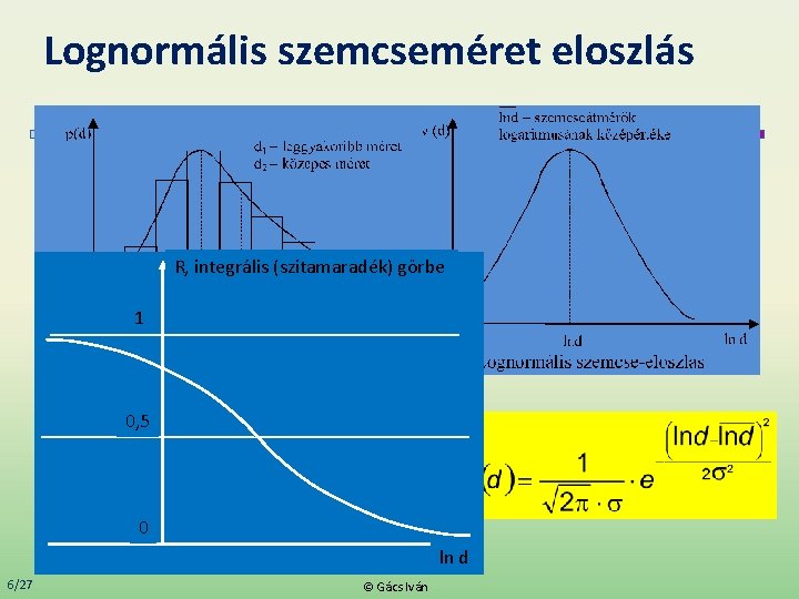 Lognormális szemcseméret eloszlás R, integrális (szitamaradék) görbe 1 0, 5 0 ln d 6/27