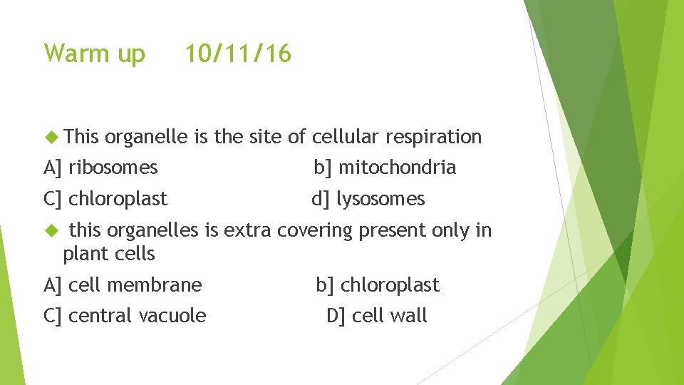 Warm up This 10/11/16 organelle is the site of cellular respiration A] ribosomes b]