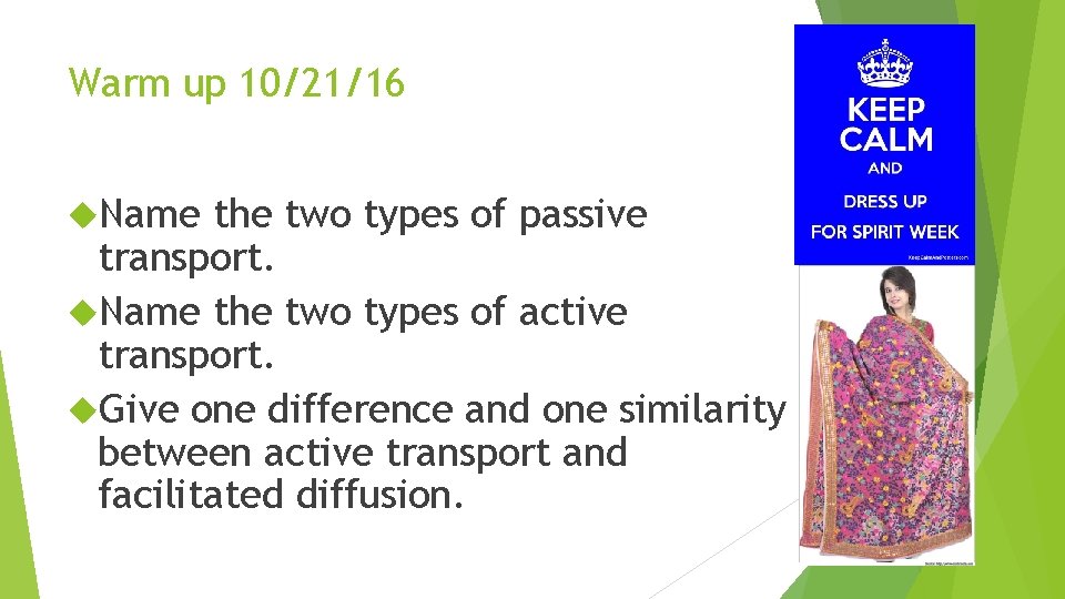 Warm up 10/21/16 Name the two types of passive transport. Name the two types