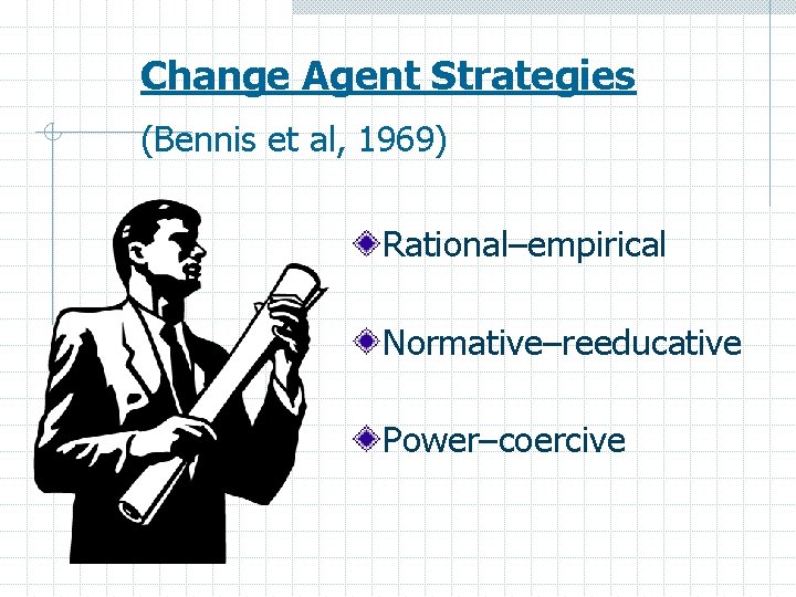 Change Agent Strategies (Bennis et al, 1969) Rational–empirical Normative–reeducative Power–coercive 