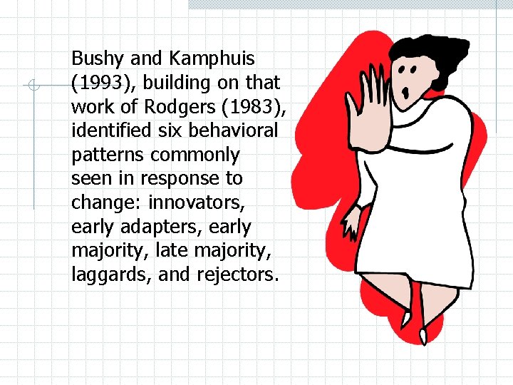 Bushy and Kamphuis (1993), building on that work of Rodgers (1983), identified six behavioral