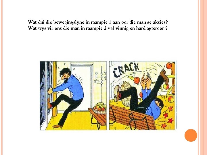 Wat dui die bewegingslyne in raampie 1 aan oor die man se aksies? Wat