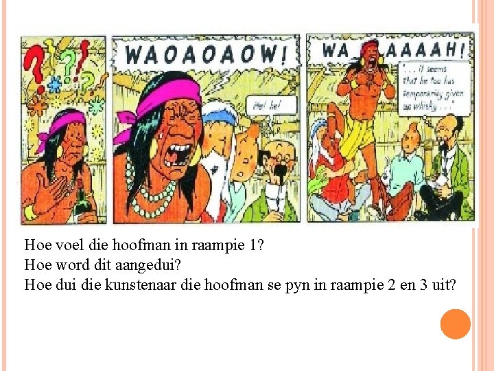 Hoe voel die hoofman in raampie 1? Hoe word dit aangedui? Hoe dui die