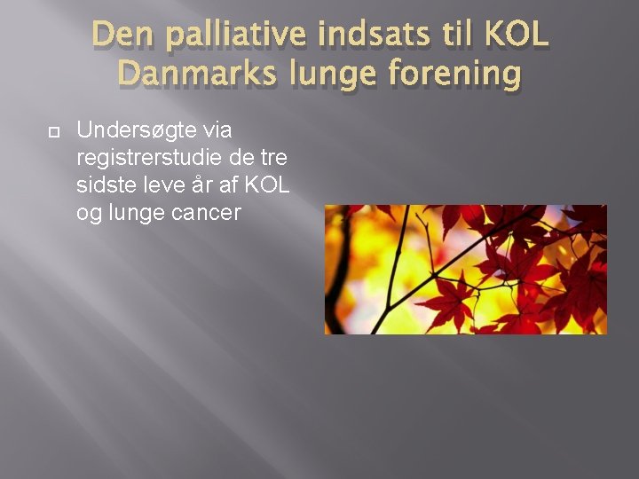 Den palliative indsats til KOL Danmarks lunge forening Undersøgte via registrerstudie de tre sidste Den palliative indsats til KOL Danmarks lunge forening Undersøgte via registrerstudie de tre sidste