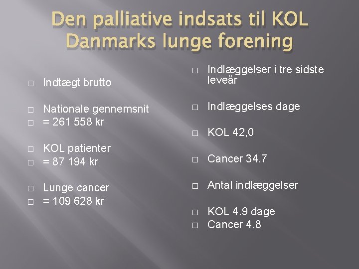 Den palliative indsats til KOL Danmarks lunge forening � Indtægt brutto � Nationale gennemsnit Den palliative indsats til KOL Danmarks lunge forening � Indtægt brutto � Nationale gennemsnit