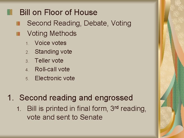 Bill on Floor of House Second Reading, Debate, Voting Methods 1. 2. 3. 4.