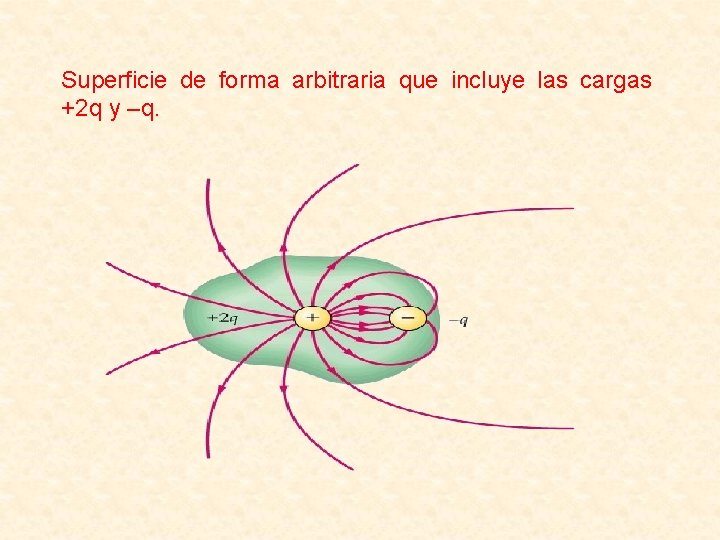 Superficie de forma arbitraria que incluye las cargas +2 q y –q. 