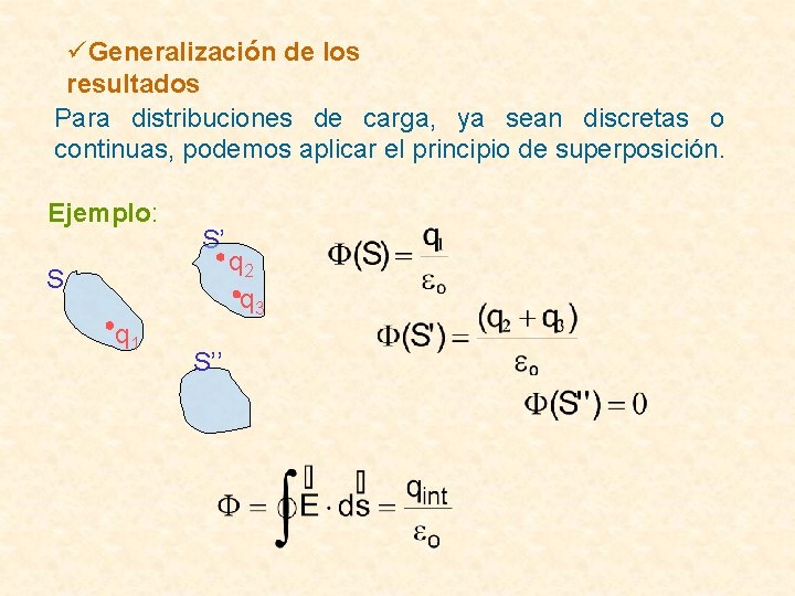 üGeneralización de los resultados Para distribuciones de carga, ya sean discretas o continuas, podemos