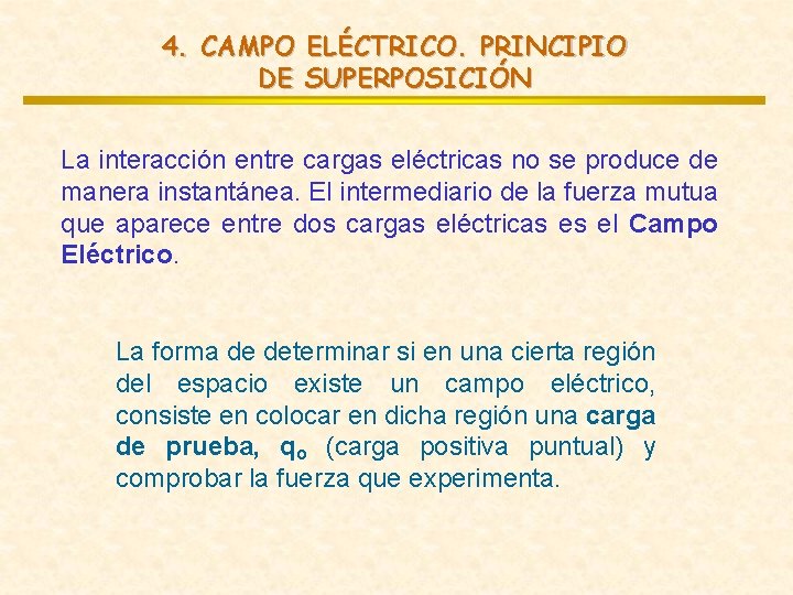 4. CAMPO ELÉCTRICO. PRINCIPIO DE SUPERPOSICIÓN La interacción entre cargas eléctricas no se produce